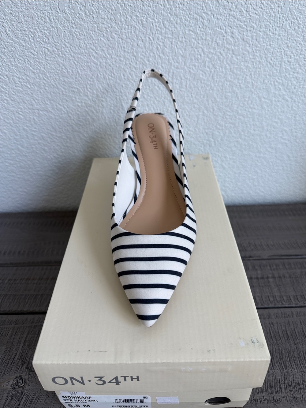 On 34th Monika Navy and White Striped Slingback Pointed Heel NIB